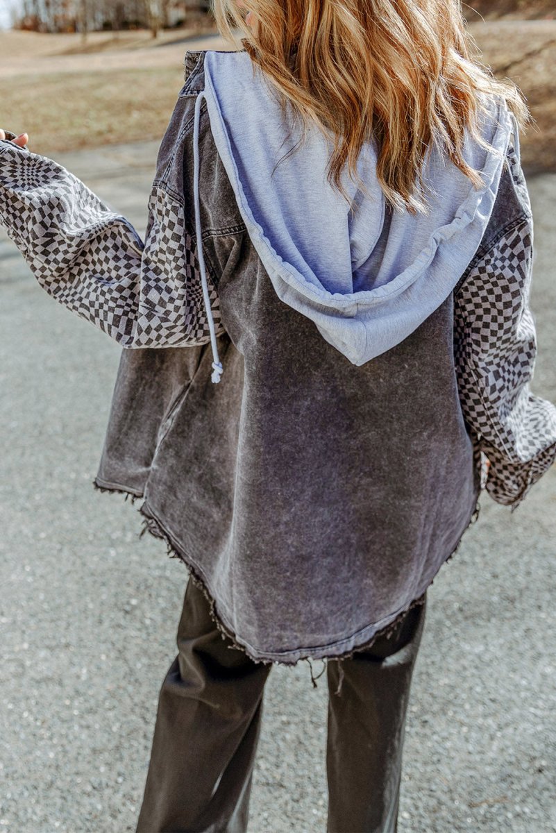 Plaid Snap Down Raw Hem Drawstring Hooded Jacket - Outerwear