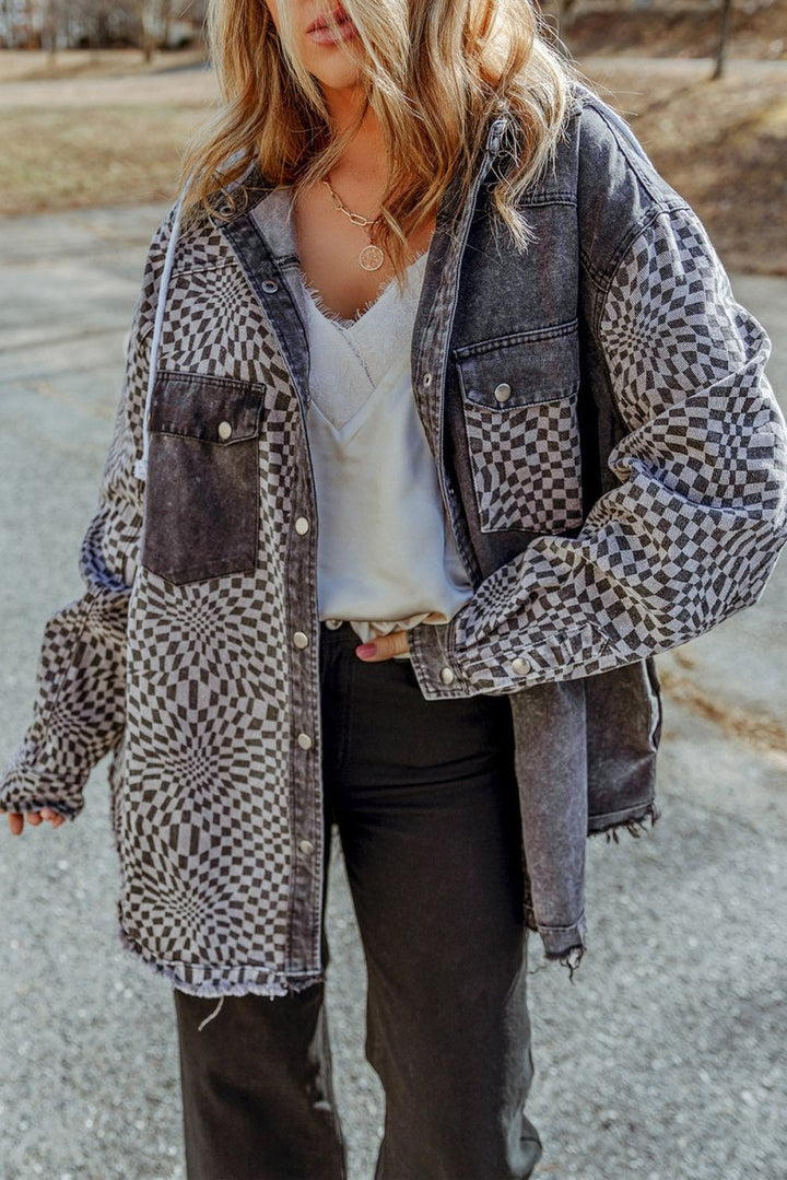 Plaid Snap Down Raw Hem Drawstring Hooded Jacket - Outerwear