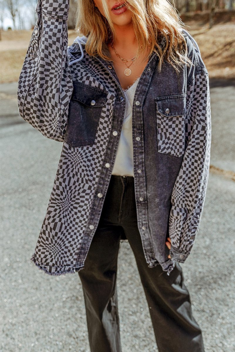 Plaid Snap Down Raw Hem Drawstring Hooded Jacket - Outerwear