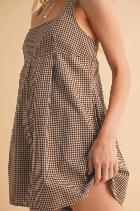 Plaid Square Neck Romper with Pockets - 