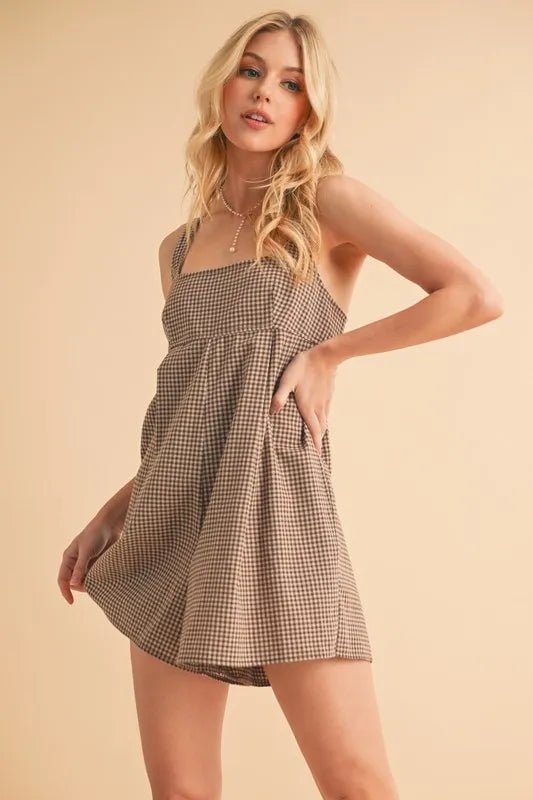 Plaid Square Neck Romper with Pockets - 