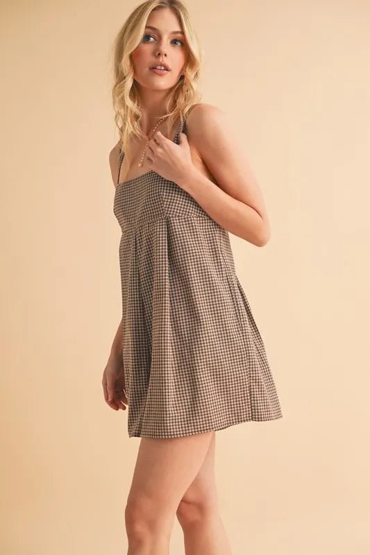 Plaid Square Neck Romper with Pockets - 