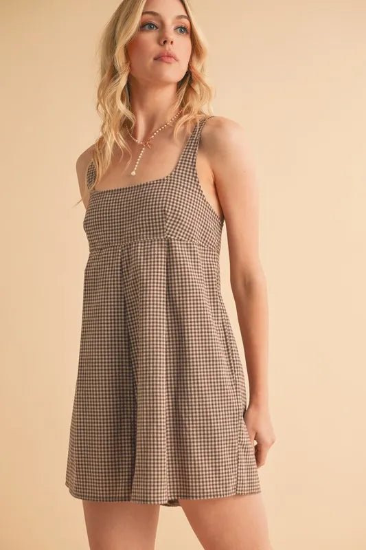 Plaid Square Neck Romper with Pockets - 