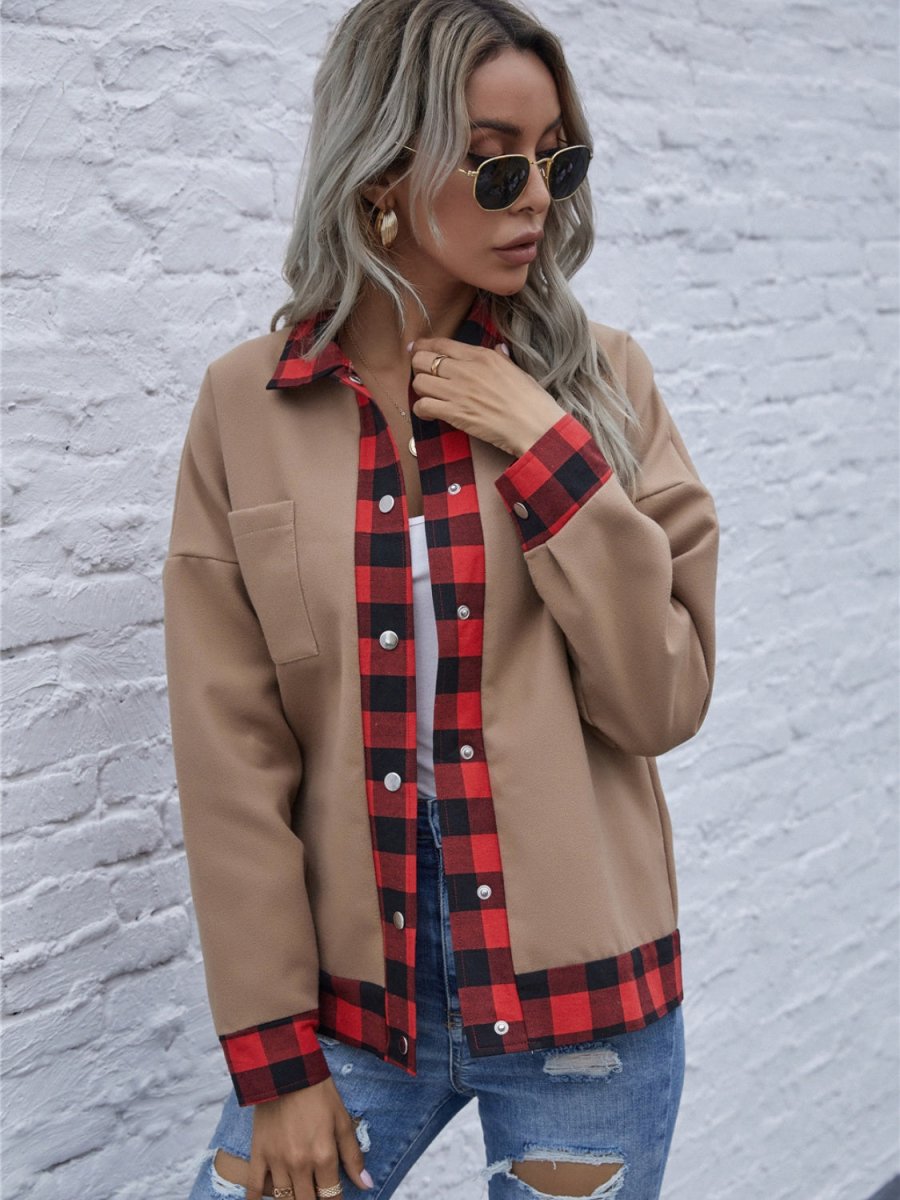 Plaid Trim Long Sleeve Jacket - Outerwear