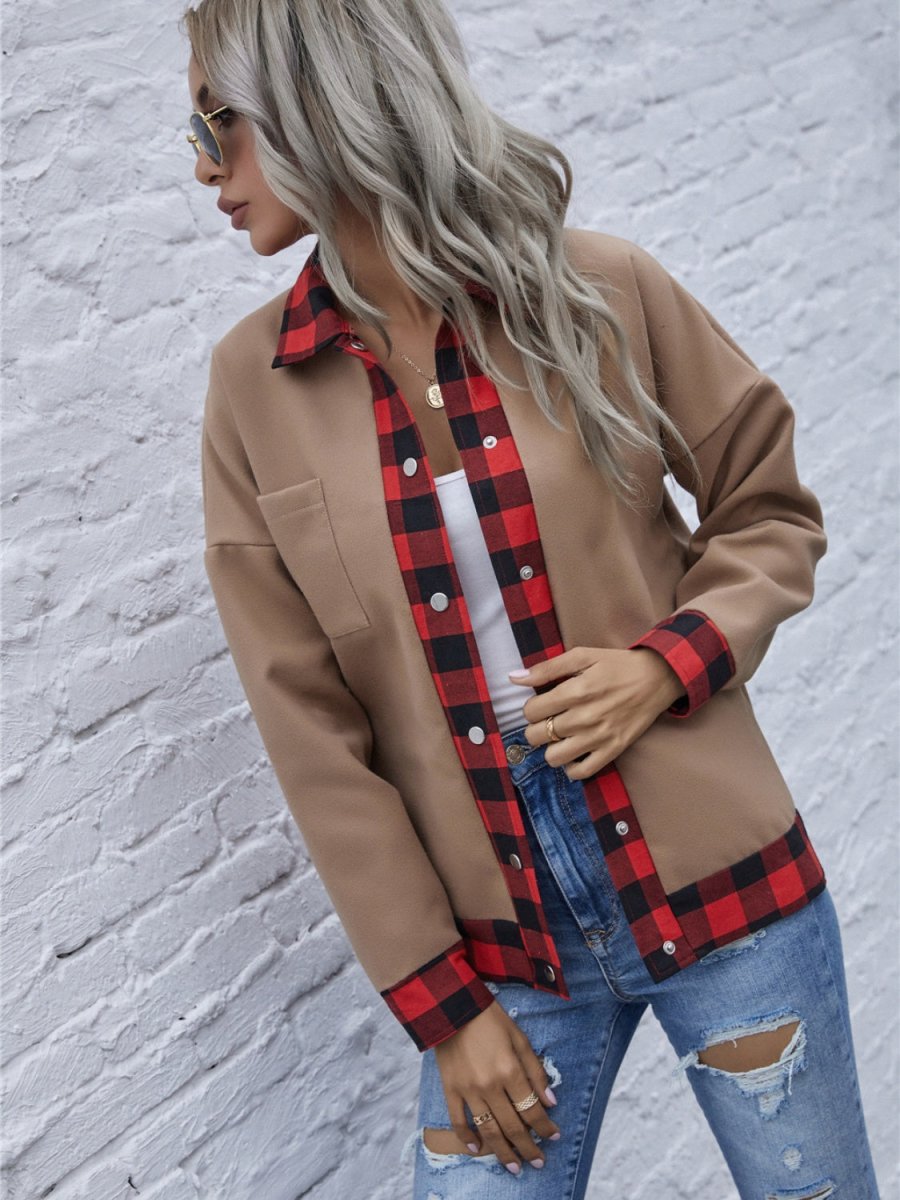 Plaid Trim Long Sleeve Jacket - Outerwear