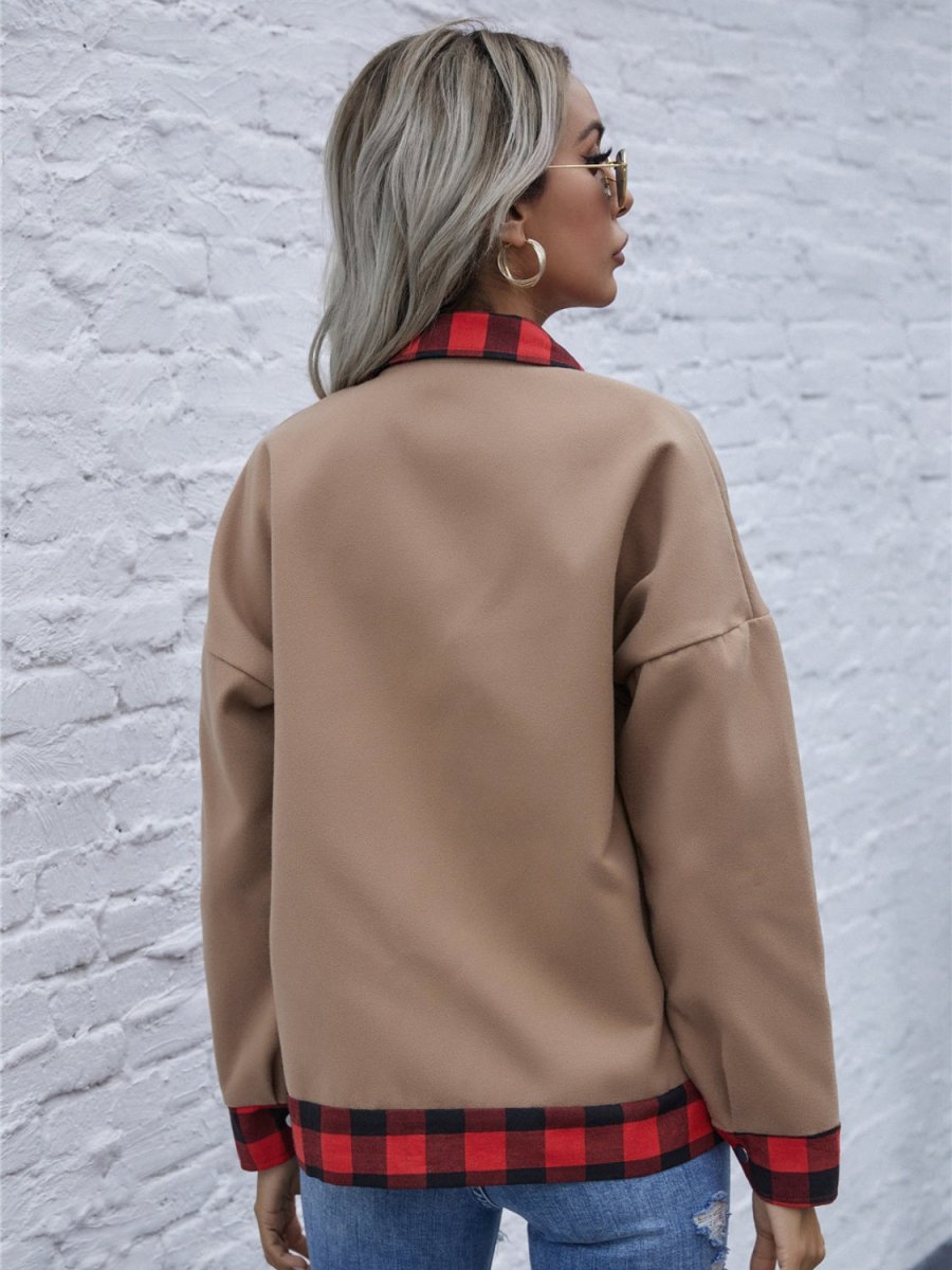 Plaid Trim Long Sleeve Jacket - Outerwear