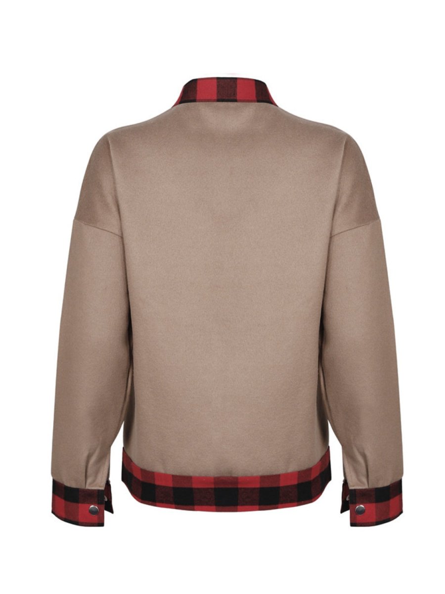 Plaid Trim Long Sleeve Jacket - Outerwear