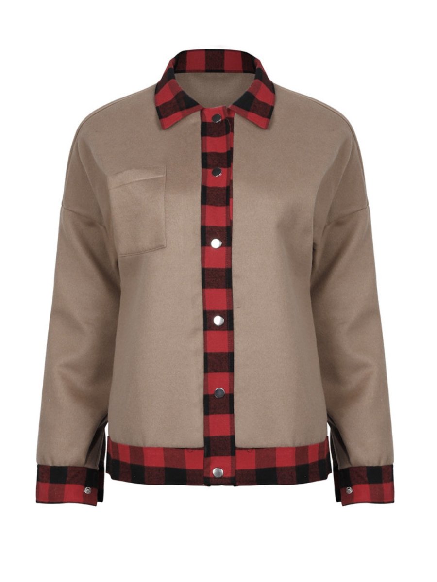 Plaid Trim Long Sleeve Jacket - Outerwear