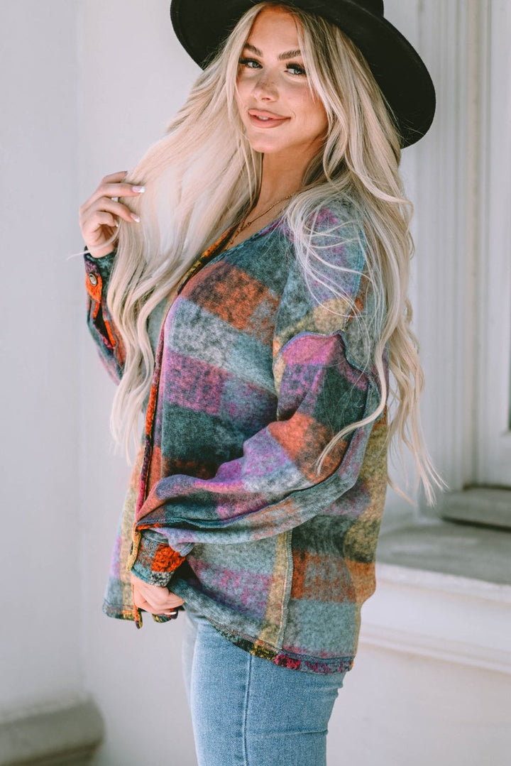 Plaid V - Neck Button Down Jacket - Outerwear