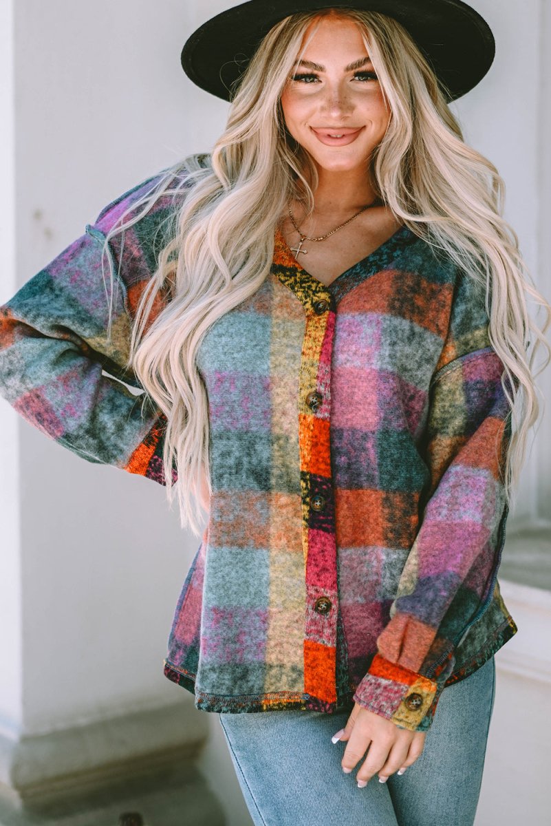 Plaid V - Neck Button Down Jacket - Outerwear