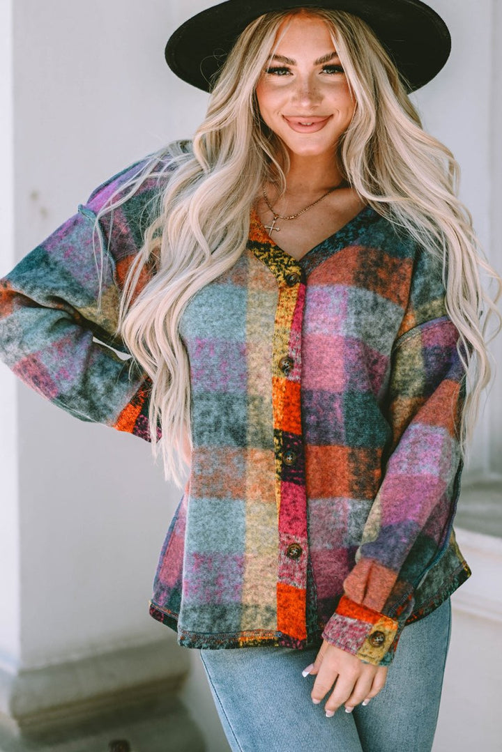 Plaid V - Neck Button Down Jacket - Outerwear