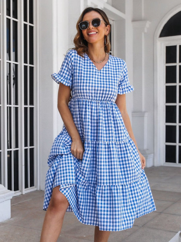 Plaid V - Neck Short Sleeve Midi Dress - Casual Dress