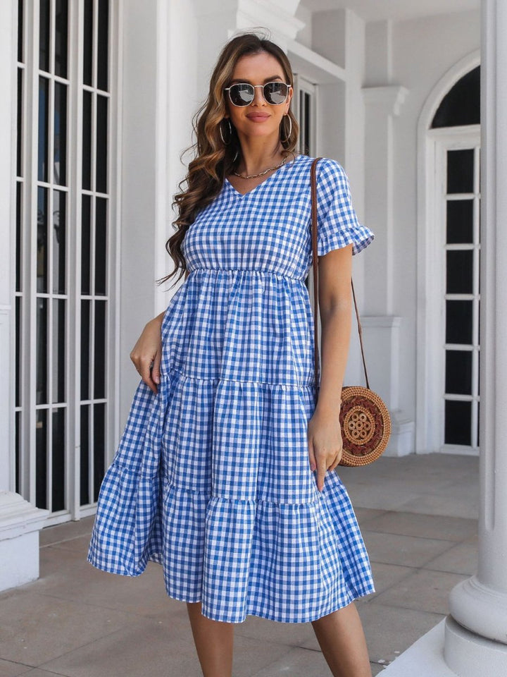 Plaid V - Neck Short Sleeve Midi Dress - Casual Dress