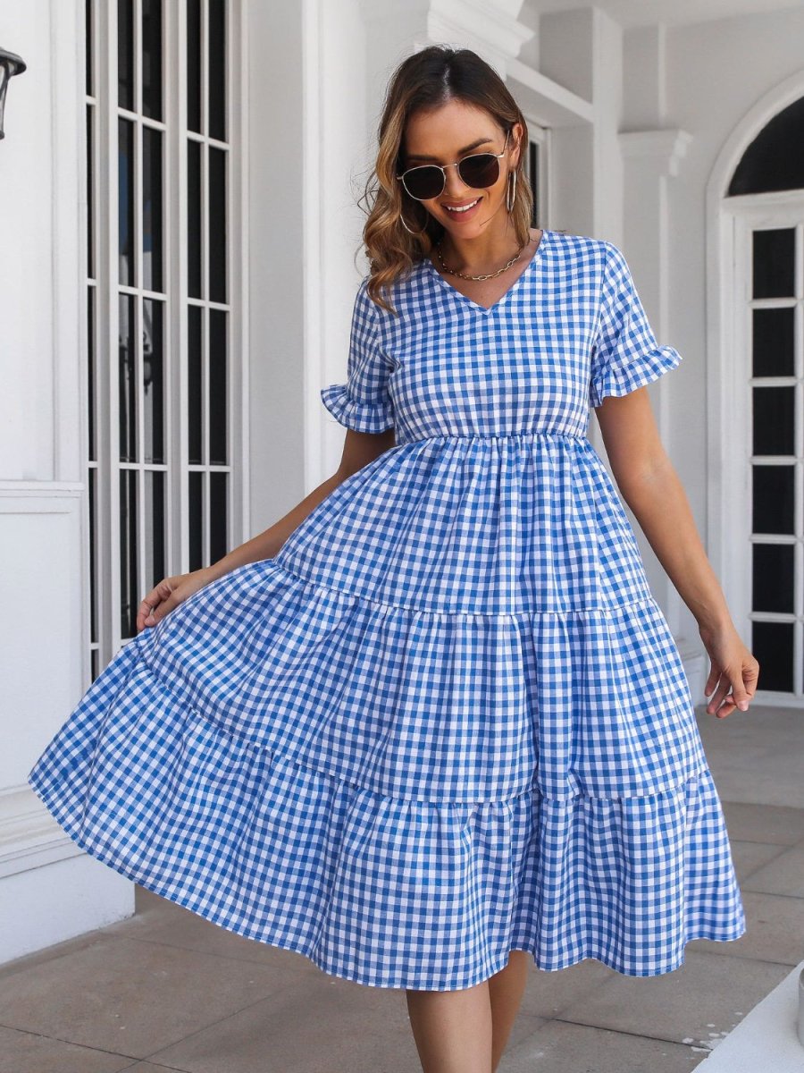 Plaid V - Neck Short Sleeve Midi Dress - Casual Dress