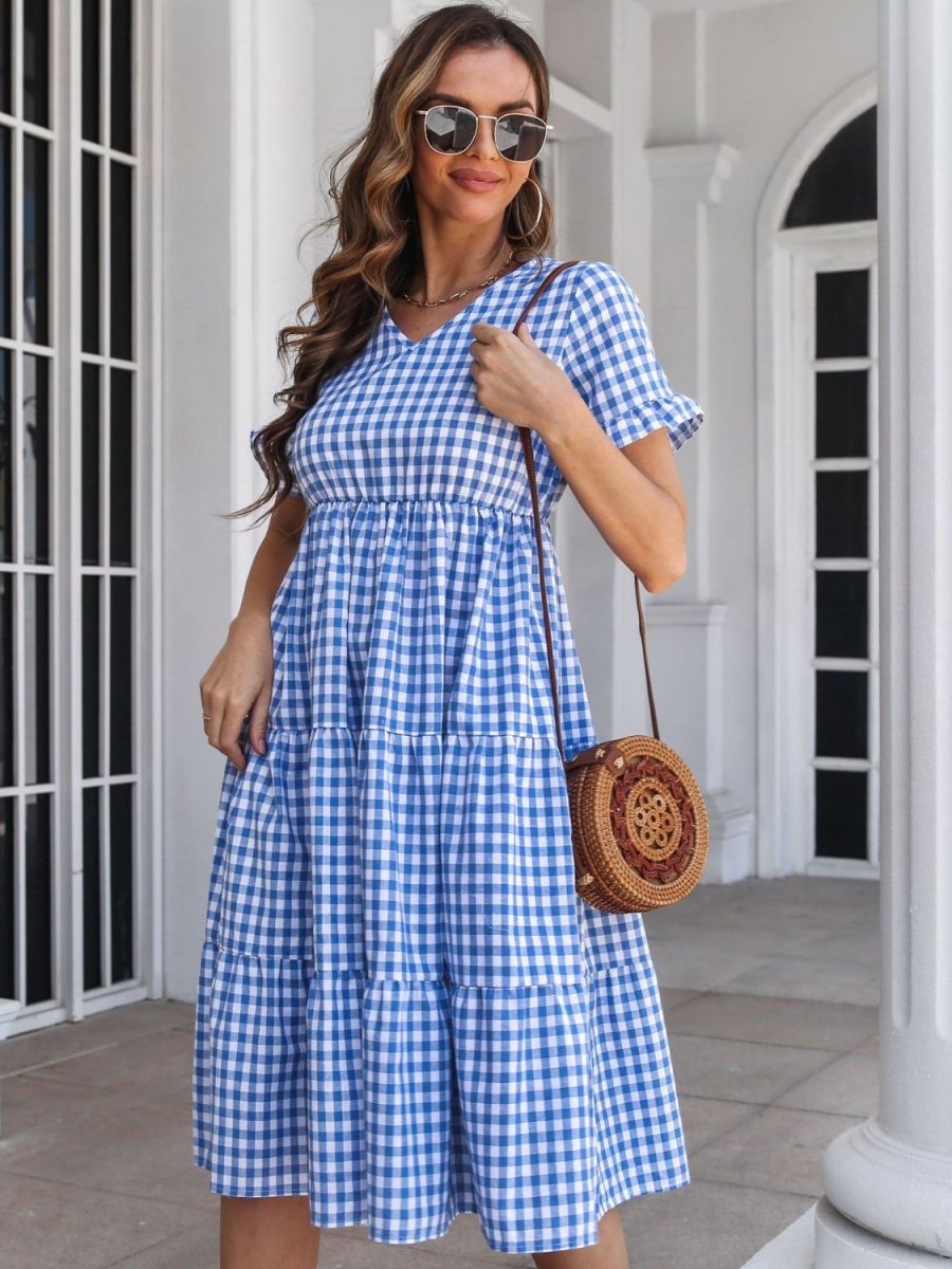 Plaid V - Neck Short Sleeve Midi Dress - Casual Dress