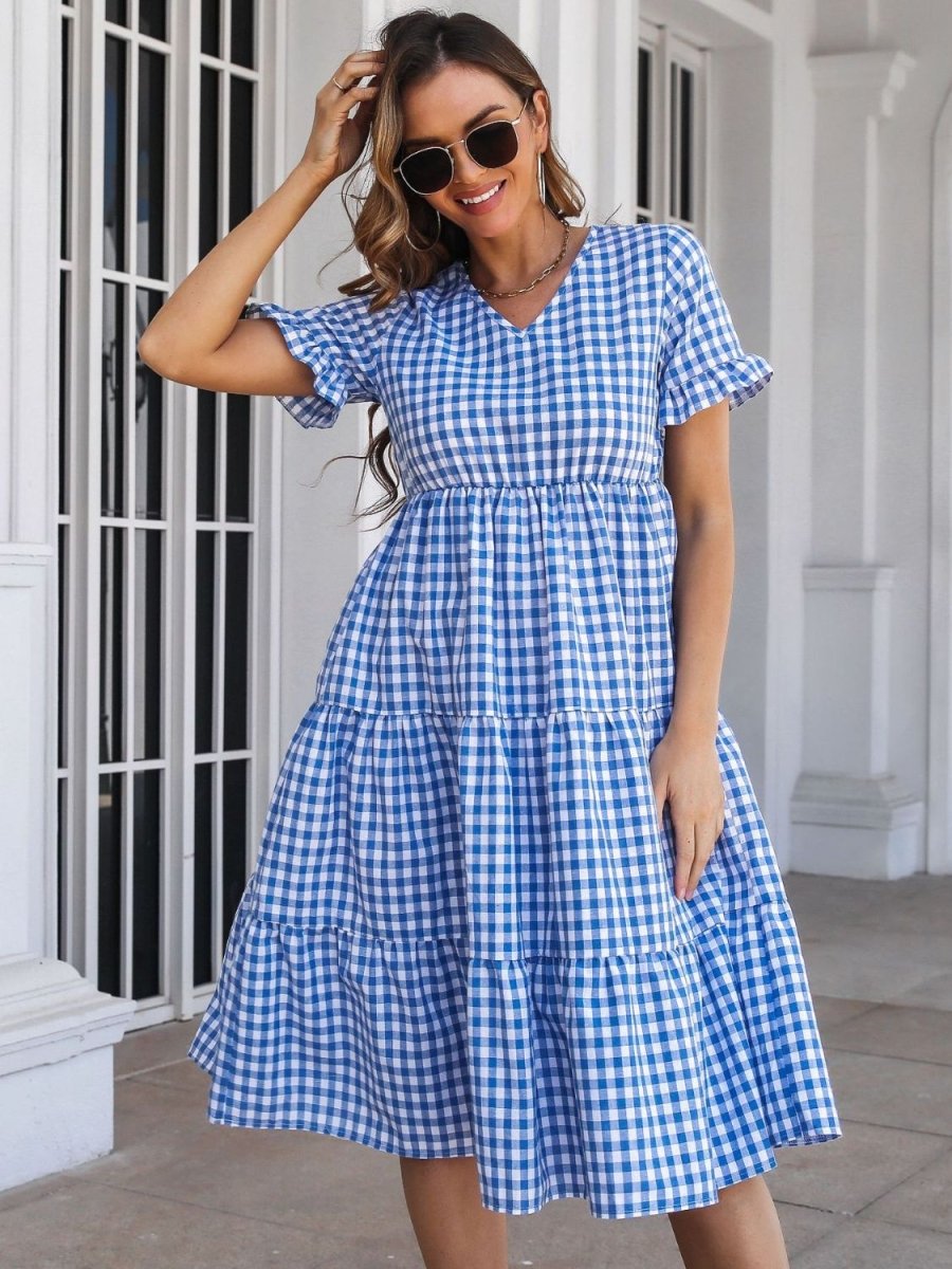 Plaid V - Neck Short Sleeve Midi Dress - Casual Dress