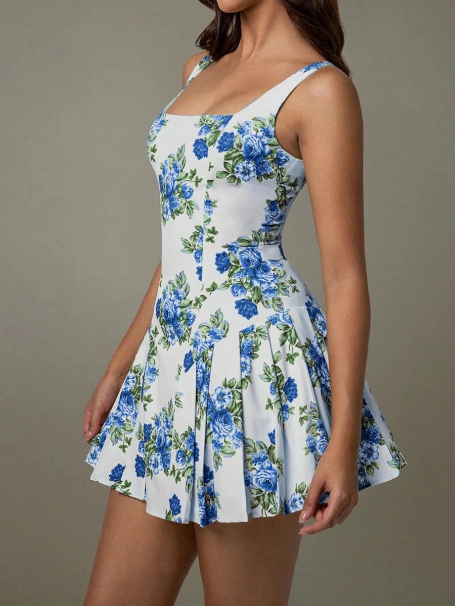 Pleated Floral Print Square Neck Mini Dress - 