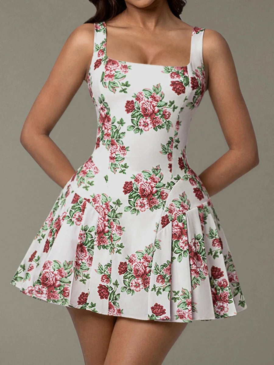 Pleated Floral Print Square Neck Mini Dress - 