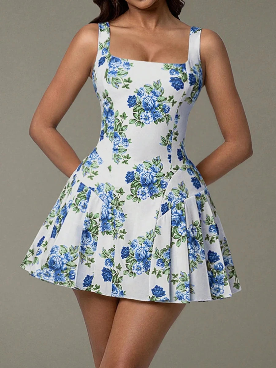 Pleated Floral Print Square Neck Mini Dress - 