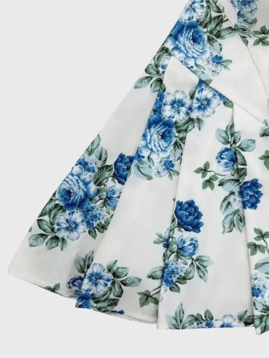 Pleated Floral Print Square Neck Mini Dress - 