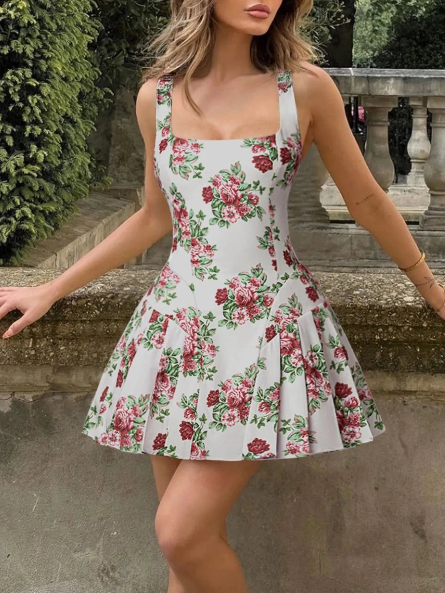Pleated Floral Print Square Neck Mini Dress - 