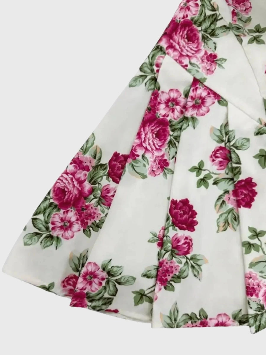 Pleated Floral Print Square Neck Mini Dress - 