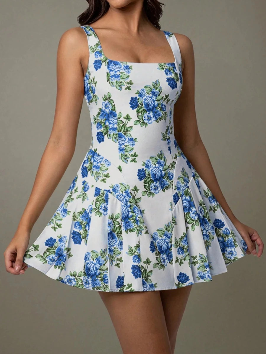 Pleated Floral Print Square Neck Mini Dress - 