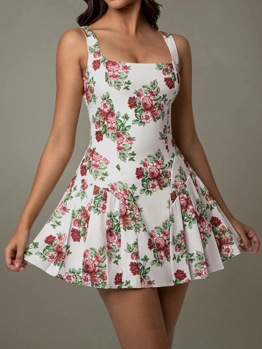 Pleated Floral Print Square Neck Mini Dress - 