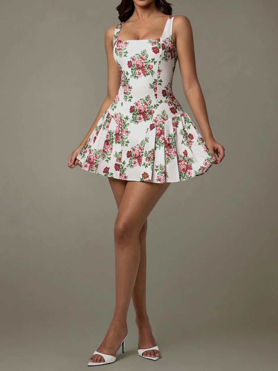 Pleated Floral Print Square Neck Mini Dress - 