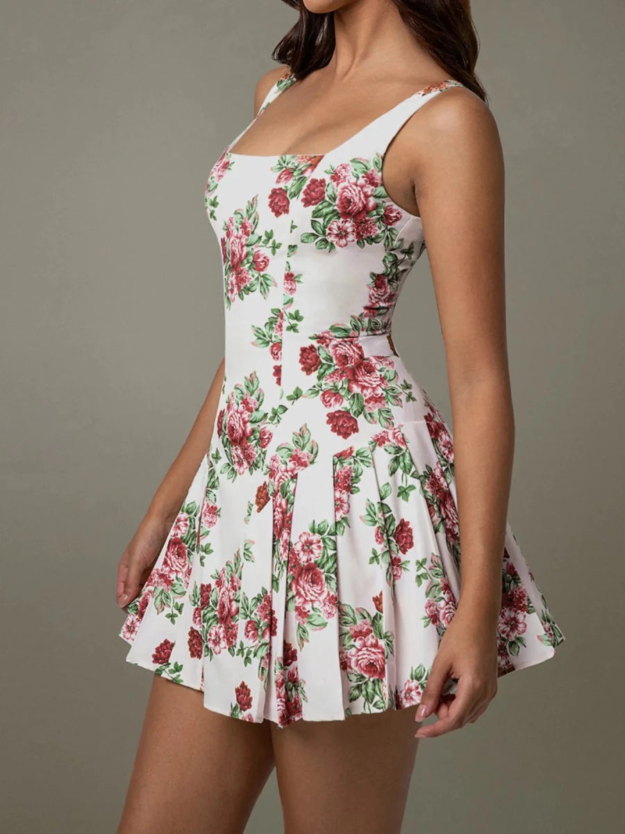Pleated Floral Print Square Neck Mini Dress - 