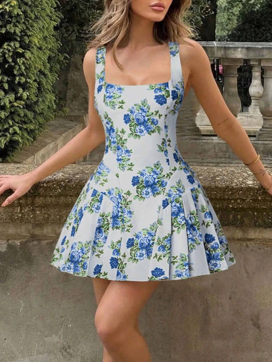 Pleated Floral Print Square Neck Mini Dress - 