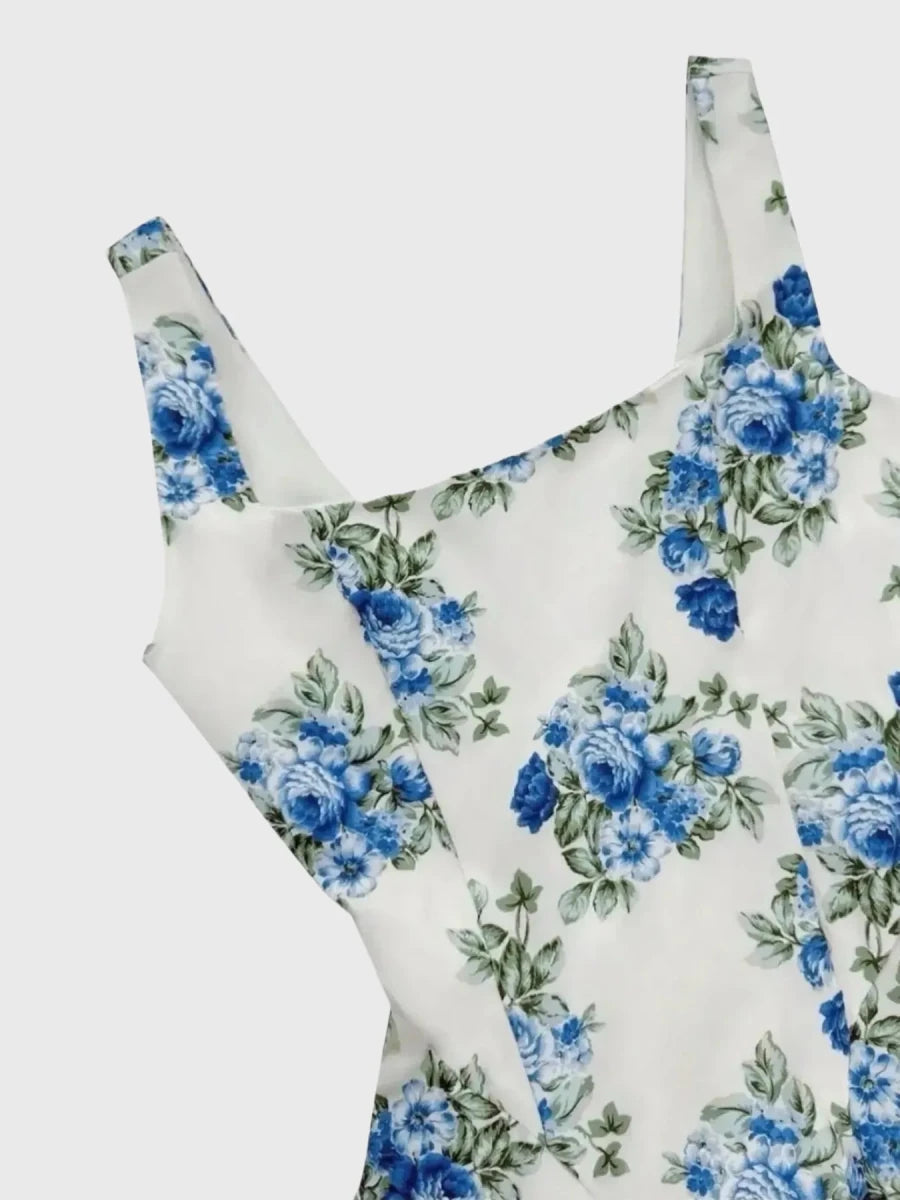 Pleated Floral Print Square Neck Mini Dress - 