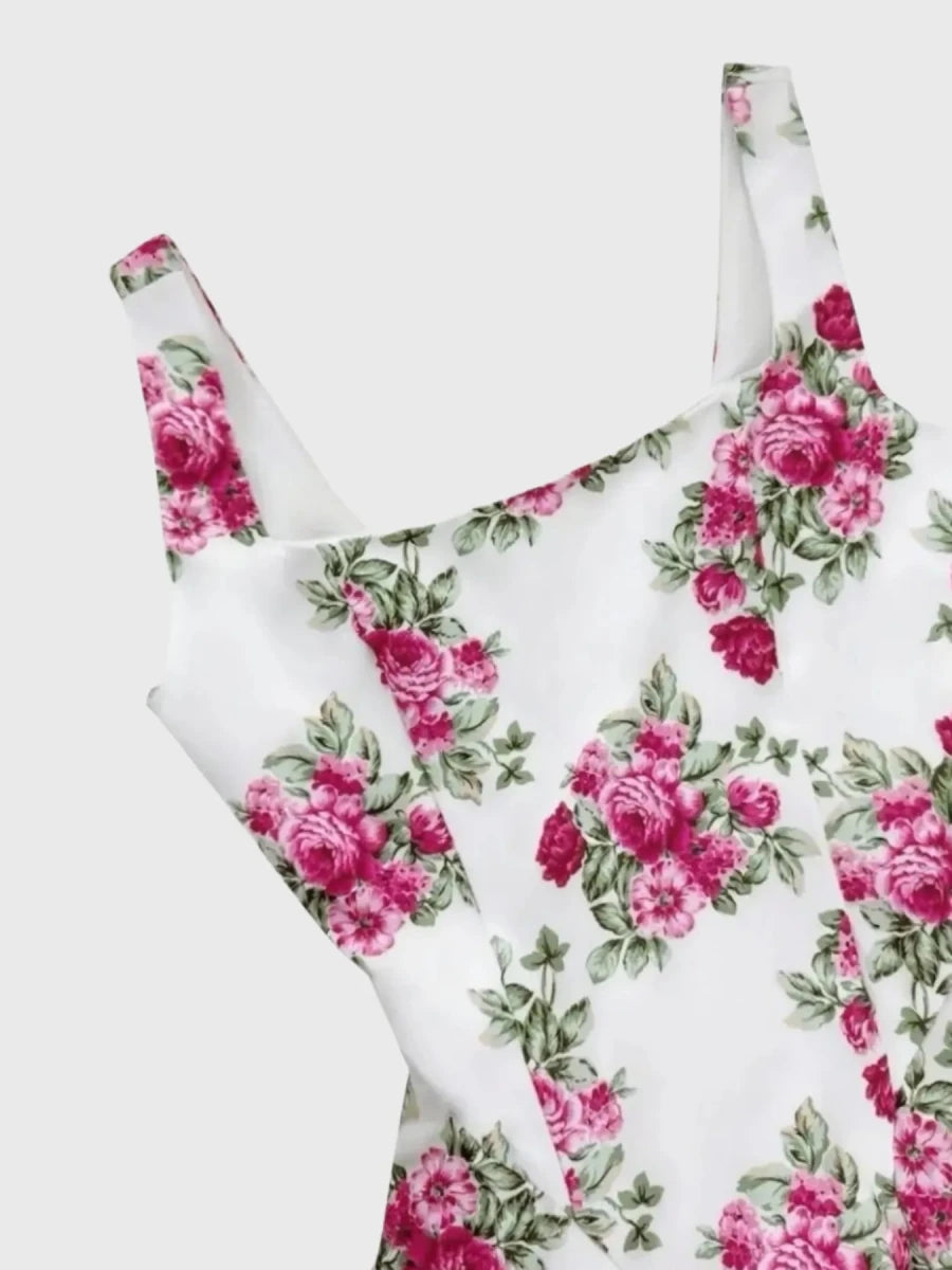 Pleated Floral Print Square Neck Mini Dress - 