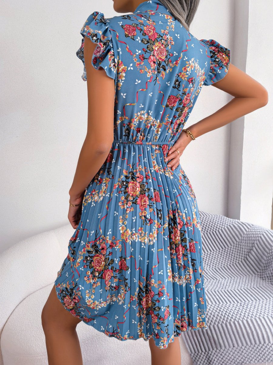 Pleated Floral Printed Tie Neck Knee Length Dress - Day Dress