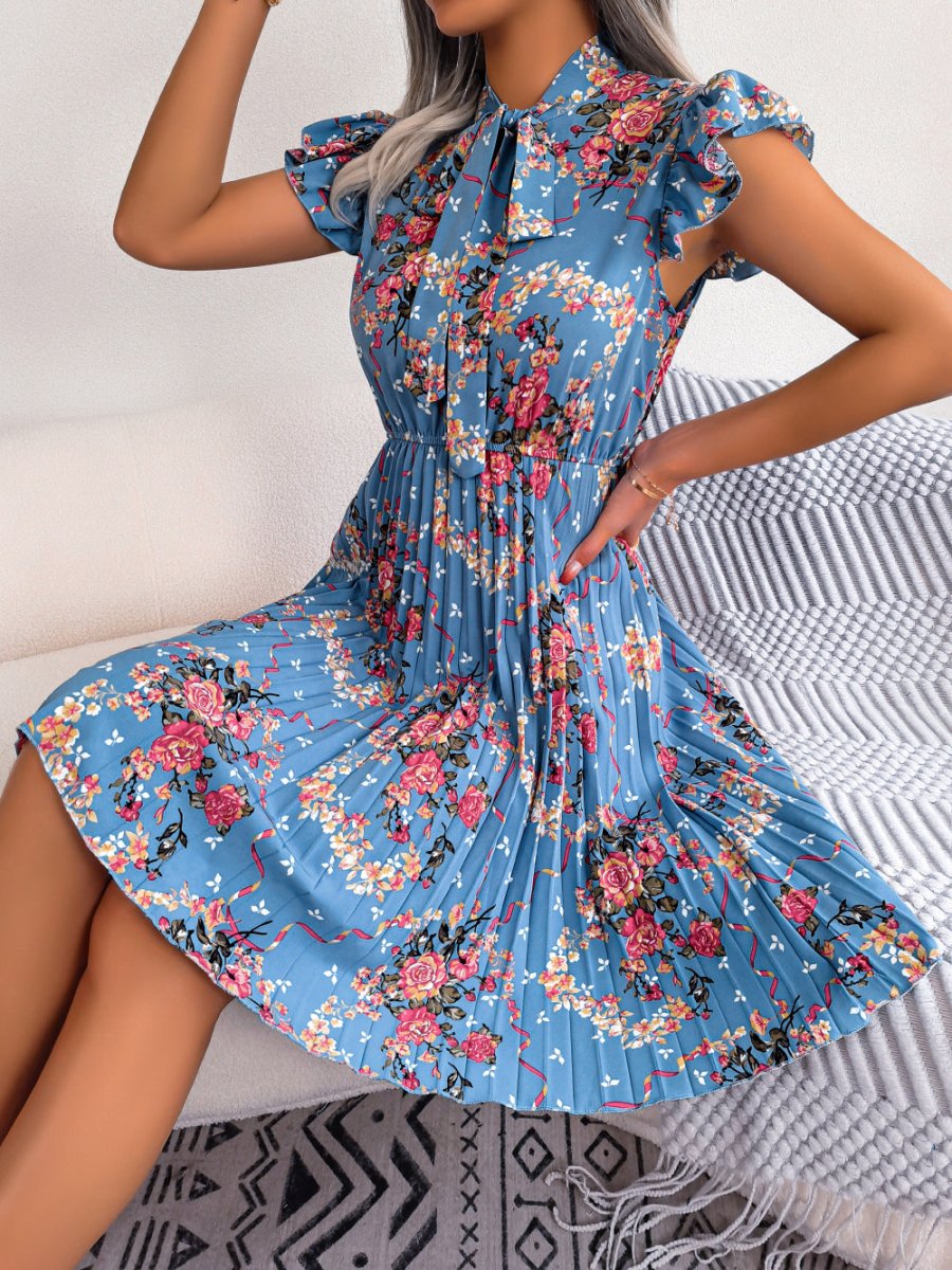 Pleated Floral Printed Tie Neck Knee Length Dress - Day Dress