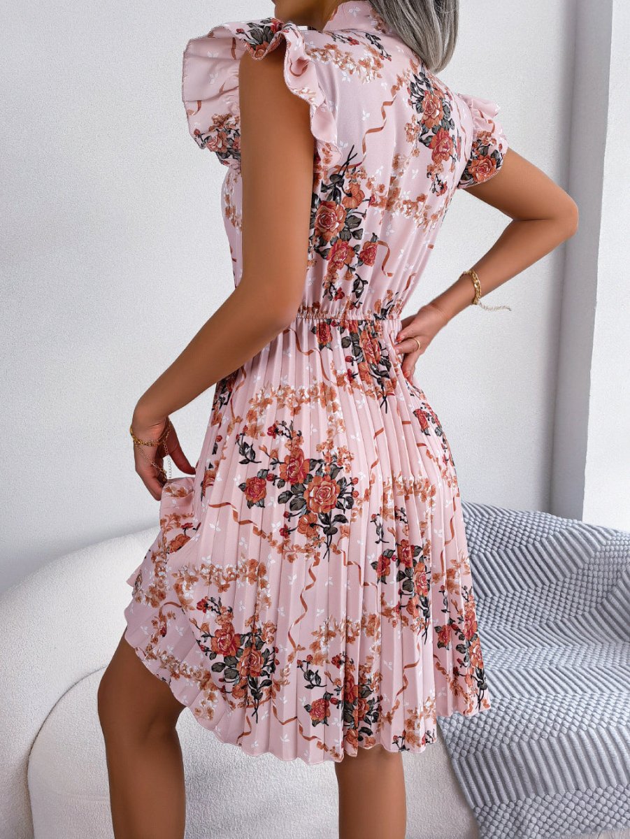 Pleated Floral Printed Tie Neck Knee Length Dress - Day Dress