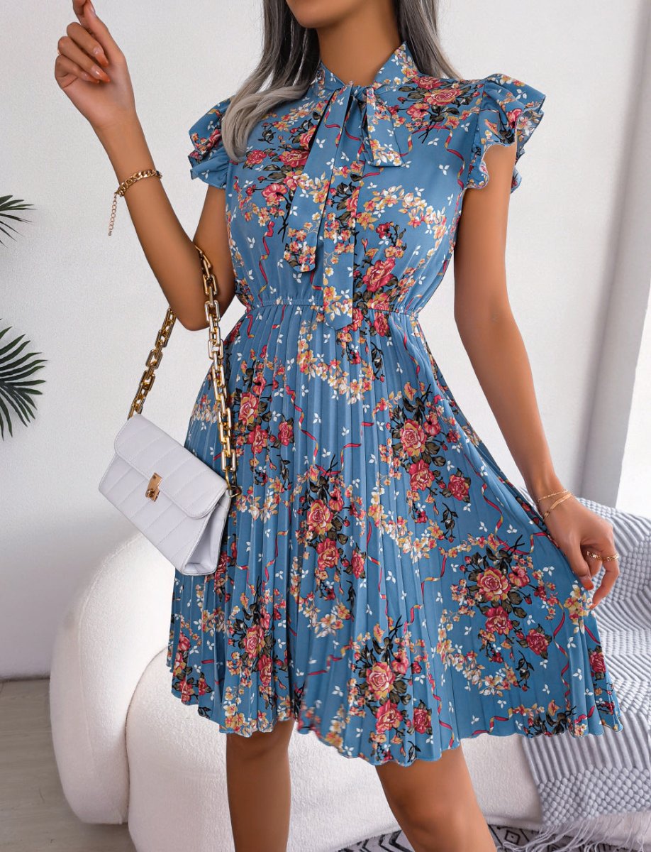 Pleated Floral Printed Tie Neck Knee Length Dress - Day Dress