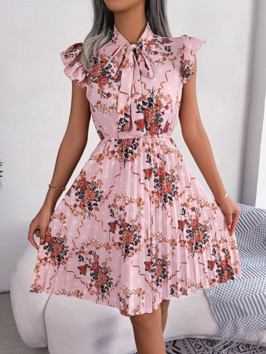 Pleated Floral Printed Tie Neck Knee Length Dress - Day Dress