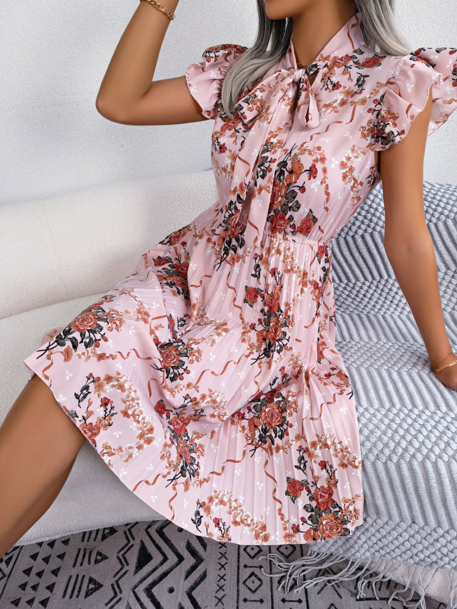 Pleated Floral Printed Tie Neck Knee Length Dress - Day Dress
