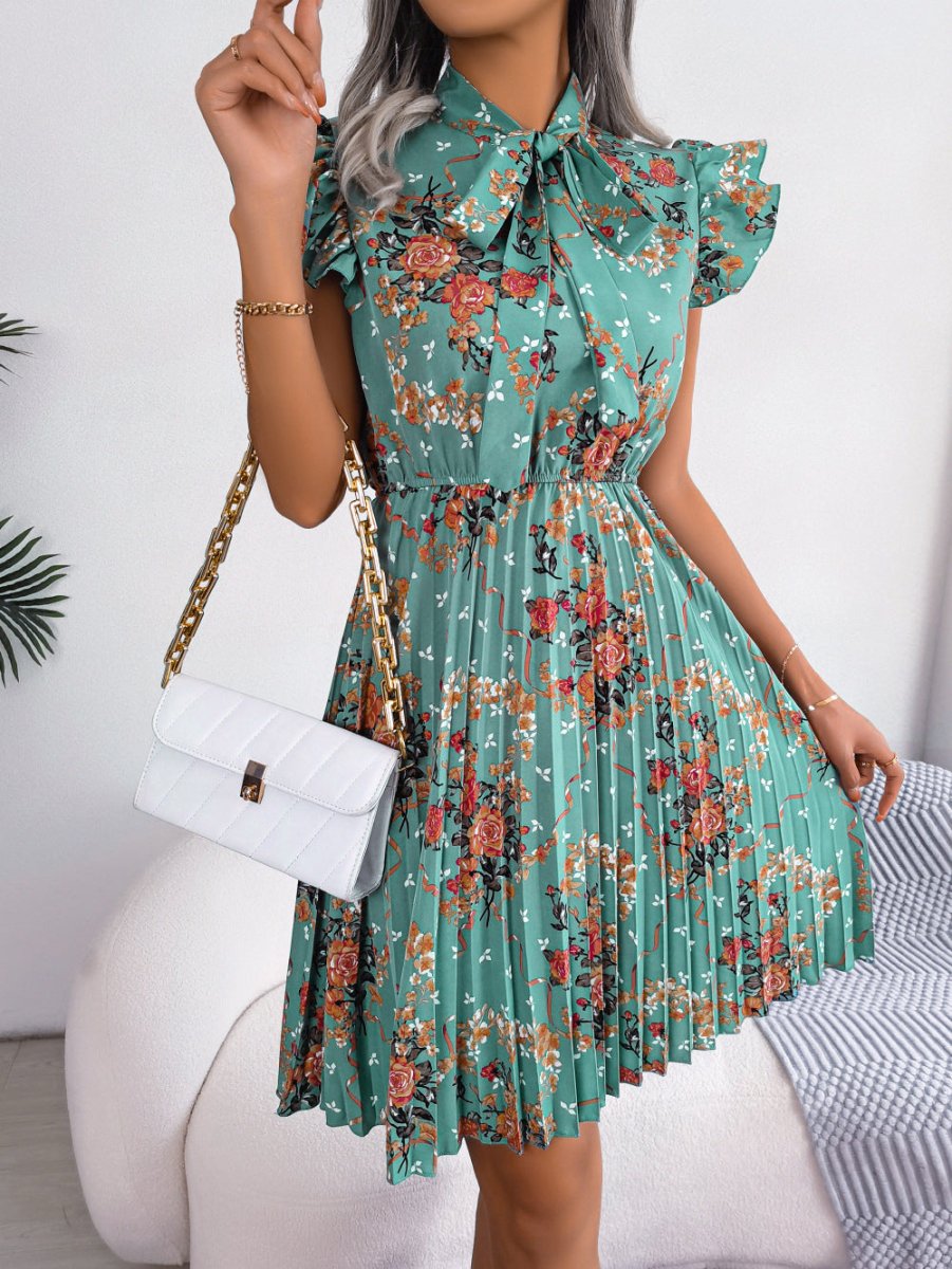 Pleated Floral Printed Tie Neck Knee Length Dress - Day Dress