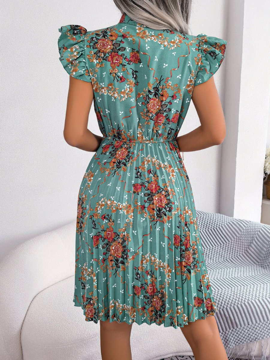 Pleated Floral Printed Tie Neck Knee Length Dress - Day Dress