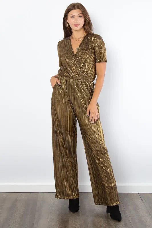 Pleated Foil Jumpsuit with Surplice Neck - 