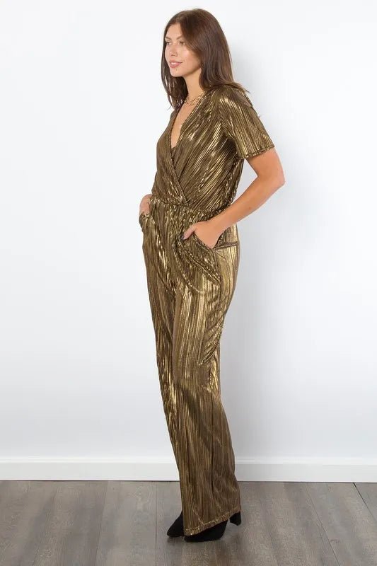Pleated Foil Jumpsuit with Surplice Neck - 