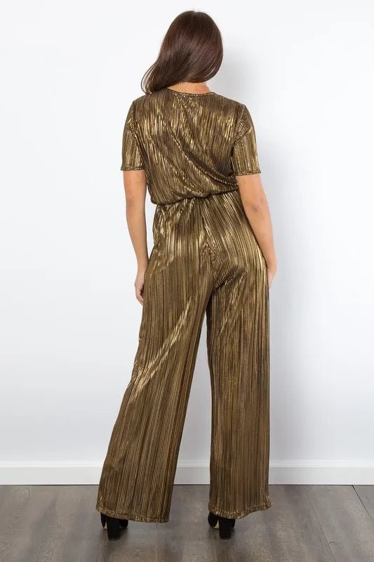 Pleated Foil Jumpsuit with Surplice Neck - 