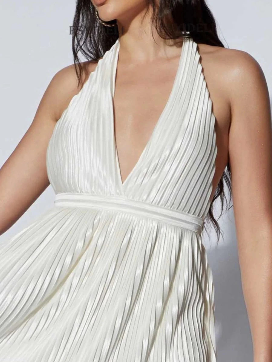 Pleated Halter Neck Mini Dress - 
