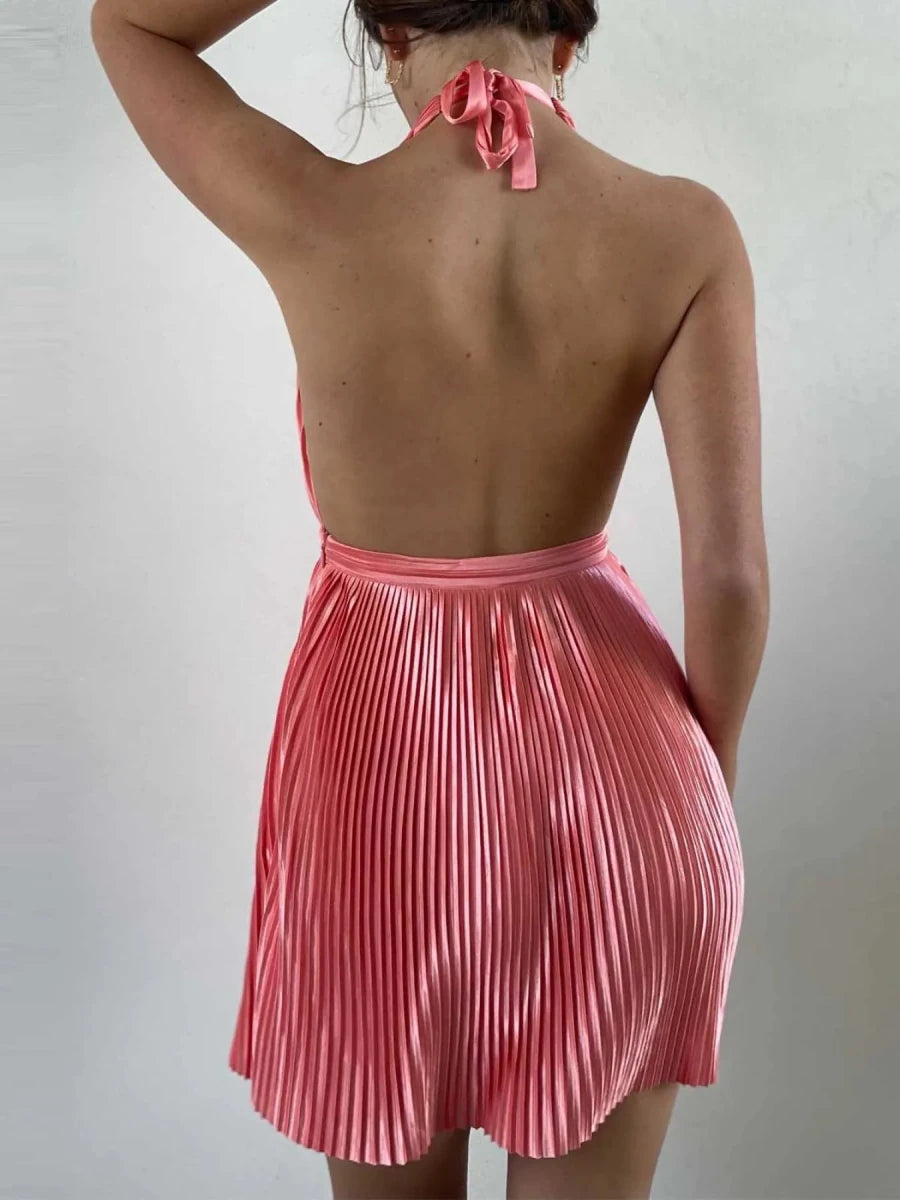 Pleated Halter Neck Mini Dress - 