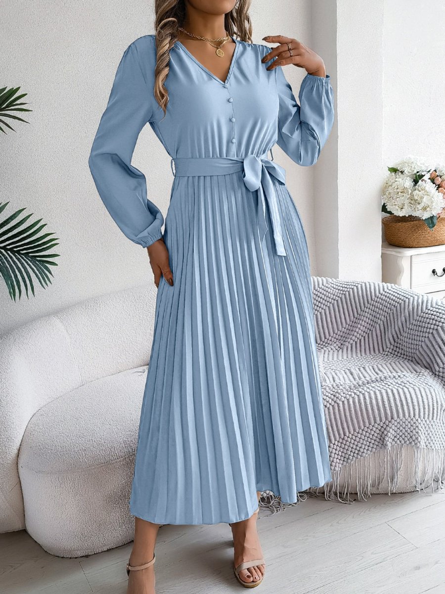 Pleated Tied V - Neck Long Sleeve Dress - Casual Dress