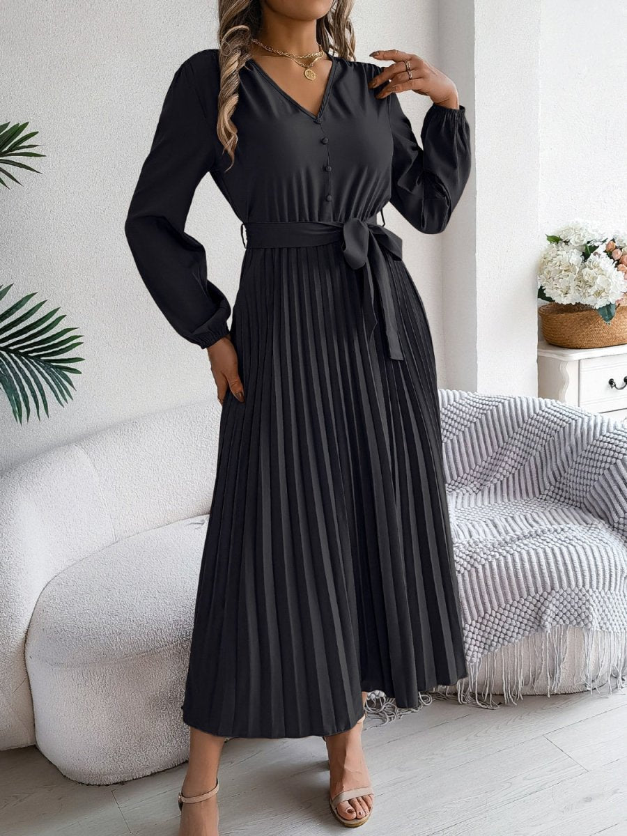 Pleated Tied V - Neck Long Sleeve Dress - Casual Dress