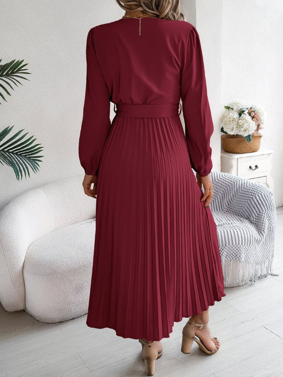 Pleated Tied V - Neck Long Sleeve Dress - Casual Dress