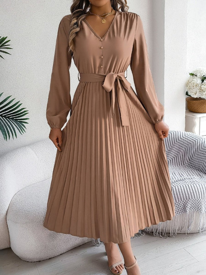 Pleated Tied V - Neck Long Sleeve Dress - Casual Dress